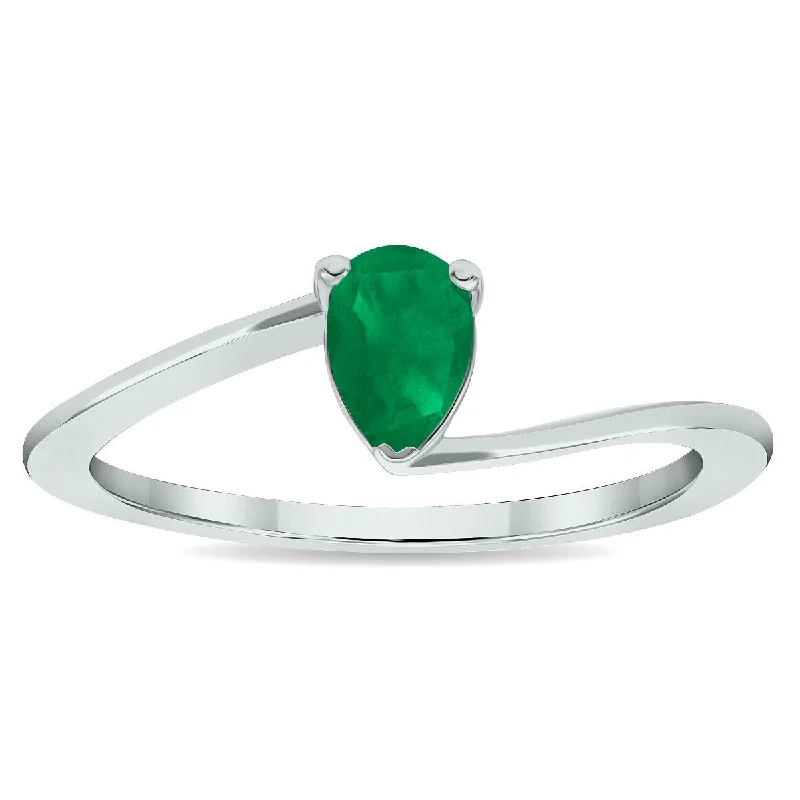 Women’s eternity ring-Women's Solitaire Emerald Wave Ring in 10K White Gold