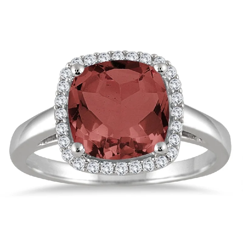 Women’s simple gold ring-3 1/2 Carat Cushion Cut Garnet and Diamond Halo Ring in 10K White Gold