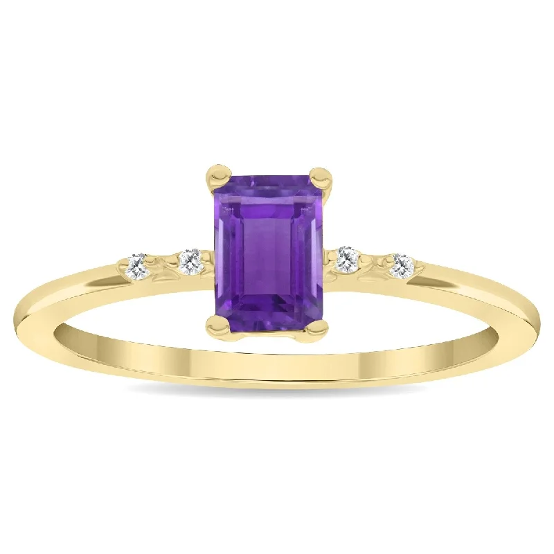 Women’s large gemstone ring-Women's Emerald Cut Amethyst and Diamond Sparkle Ring in 10K Yellow Gold