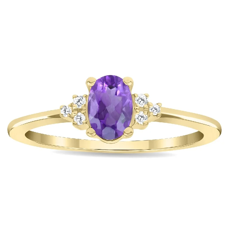 Women’s wedding set ring-Women's Oval Shaped Amethyst and Diamond Half Moon Ring in 10K Yellow Gold