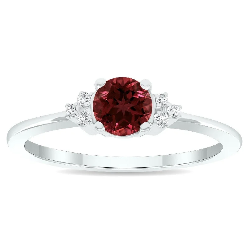 Women’s ruby and diamond ring-Women's Garnet and Diamond Half Moon Ring in 10K White Gold