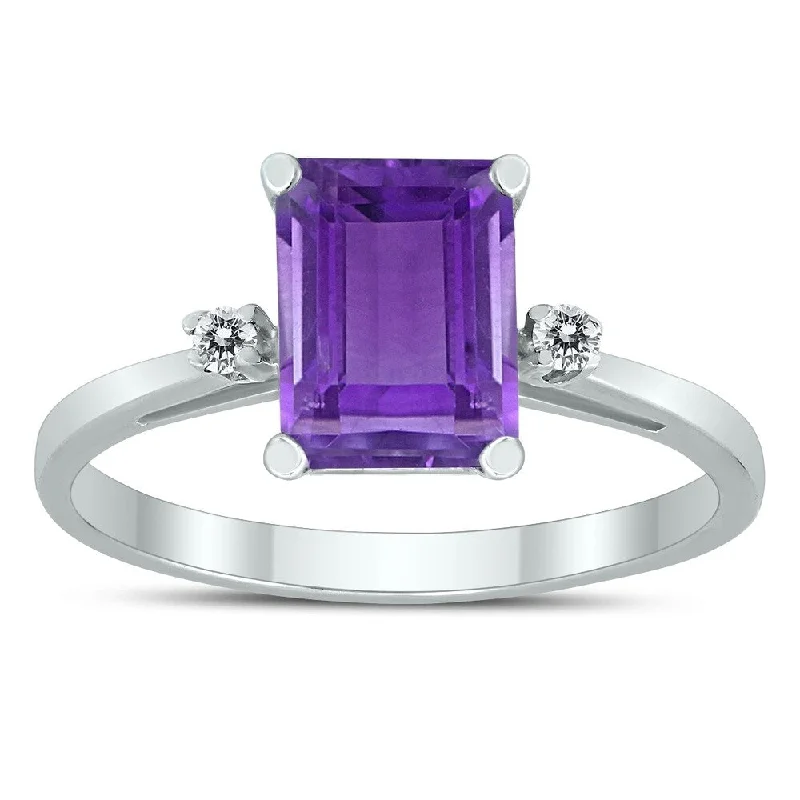 Women’s engagement set ring-Emerald Cut 8X6MM Amethyst and Diamond Three Stone Ring in 10K White Gold