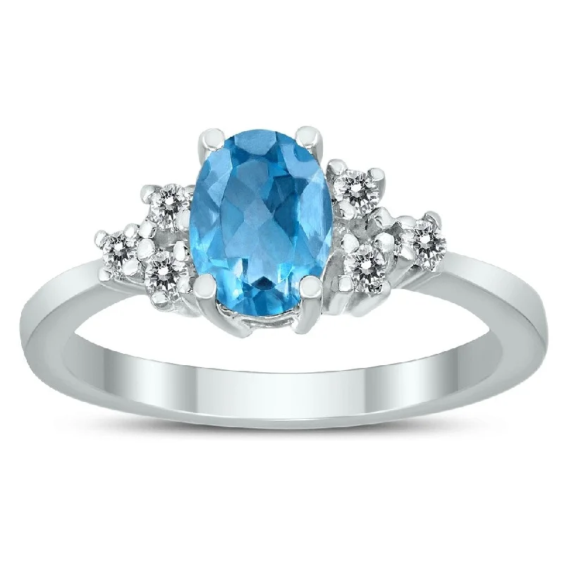 Women’s modern diamond ring-7X5MM Blue Topaz and Diamond Regal Ring in 10K White Gold