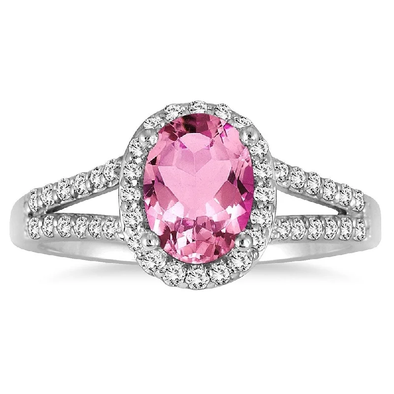 Women’s designer ring-1 1/4 Carat Oval Pink Topaz and Diamond Ring in 10K White Gold