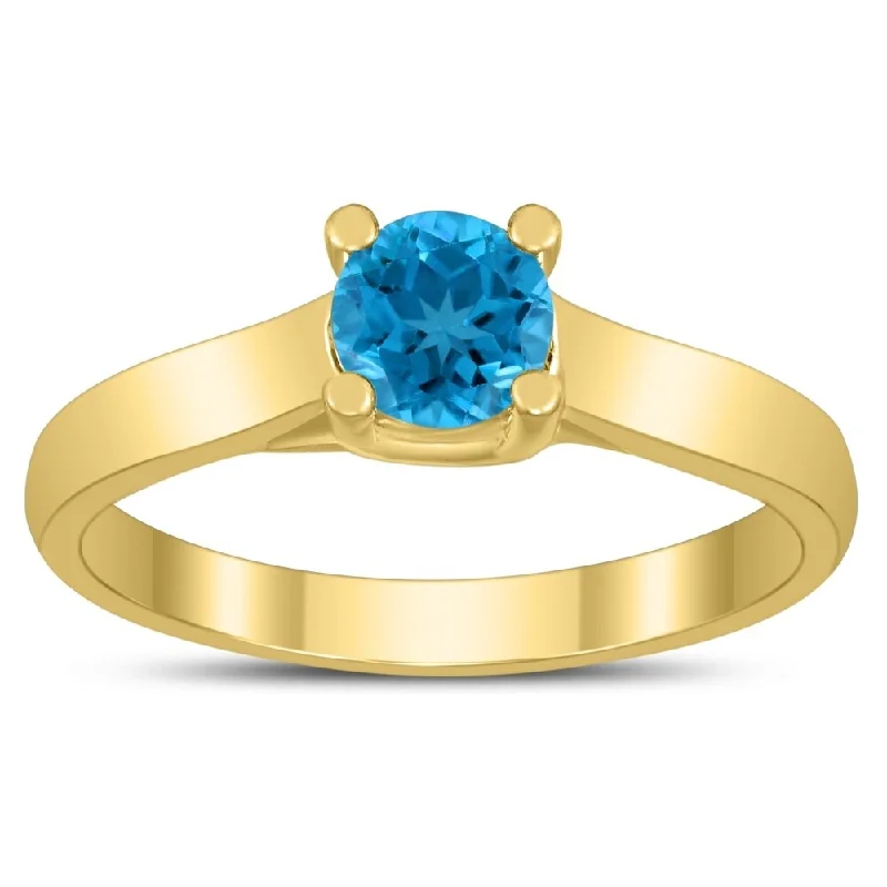 Women’s adjustable ring-Round 5MM Blue Topaz Cathedral Solitaire Ring in 10K Yellow Gold