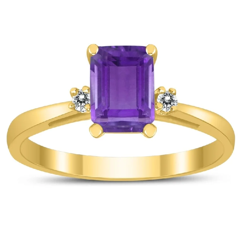 Women’s vintage-inspired ring-Emerald Cut 7X5MM Amethyst and Diamond Three Stone Ring in 10K Yellow Gold