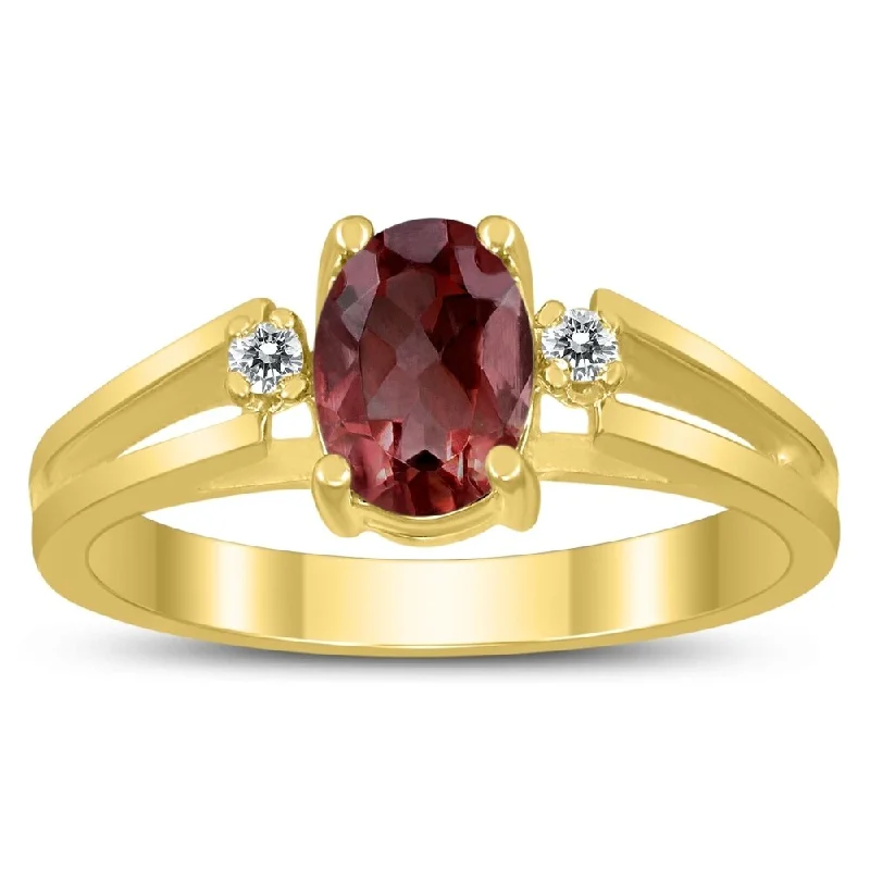 Women’s emerald-cut ring-7X5MM Garnet and Diamond Open Three Stone Ring in 10K Yellow Gold