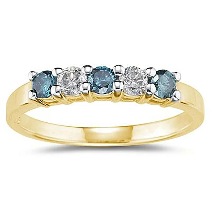 Women’s nature-inspired ring-Marquee 5 Stone Blue and White Diamond Ring in 14K Yellow Gold