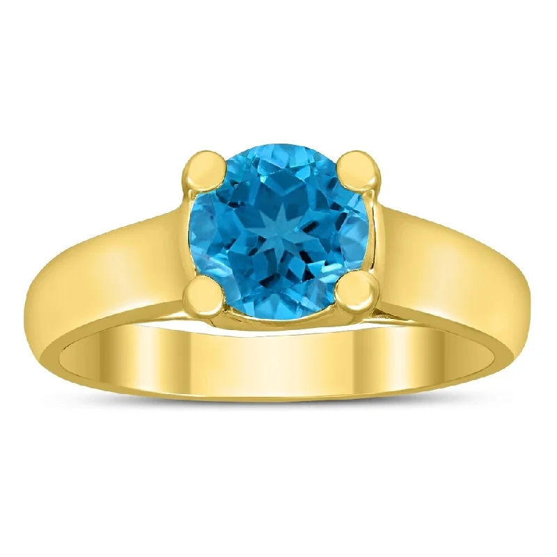 Women’s sparkly ring-Round 7MM Blue Topaz Cathedral Solitaire Ring in 10K Yellow Gold