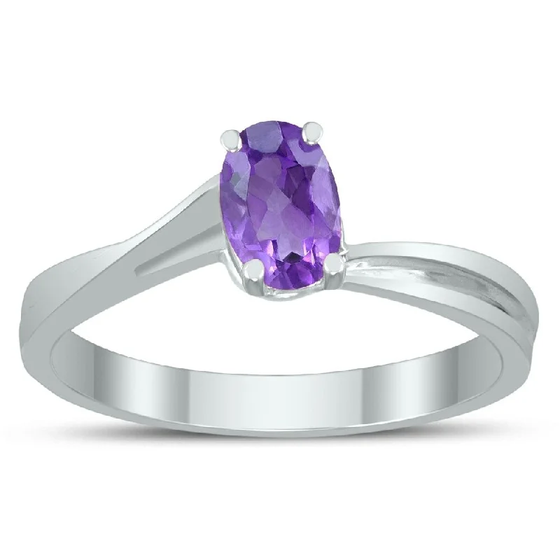 Women’s engraved wedding ring-Solitaire Oval 6X4MM Amethyst Gemstone Twist Ring in 10K White Gold