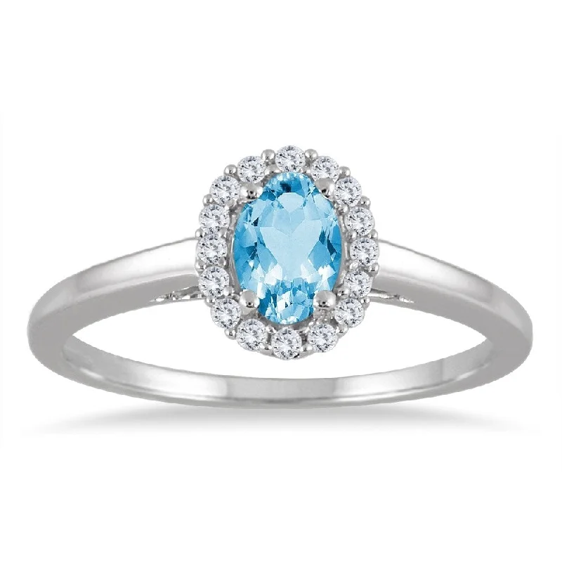 Women’s trendy ring-6x4MM Oval Shape Blue Topaz and Diamond Ring in 10K White Gold