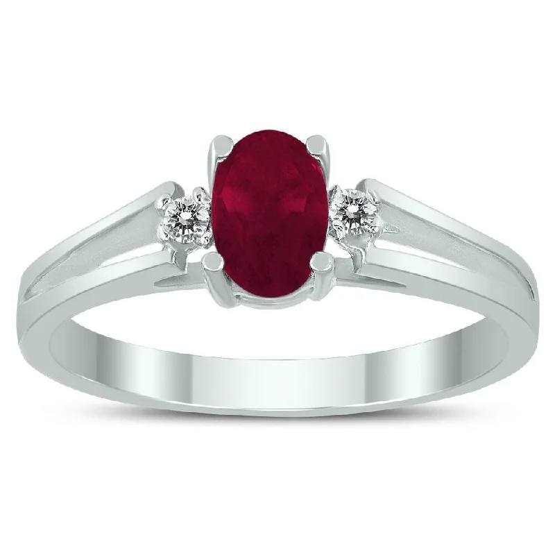 Women’s designer engagement ring-6X4MM Ruby and Diamond Open Three Stone Ring in 10K White Gold