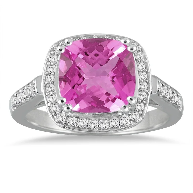 Women’s wedding ring set-3 1/2 Carat Cushion Cut Pink Topaz and Diamond Ring in 14K White Gold