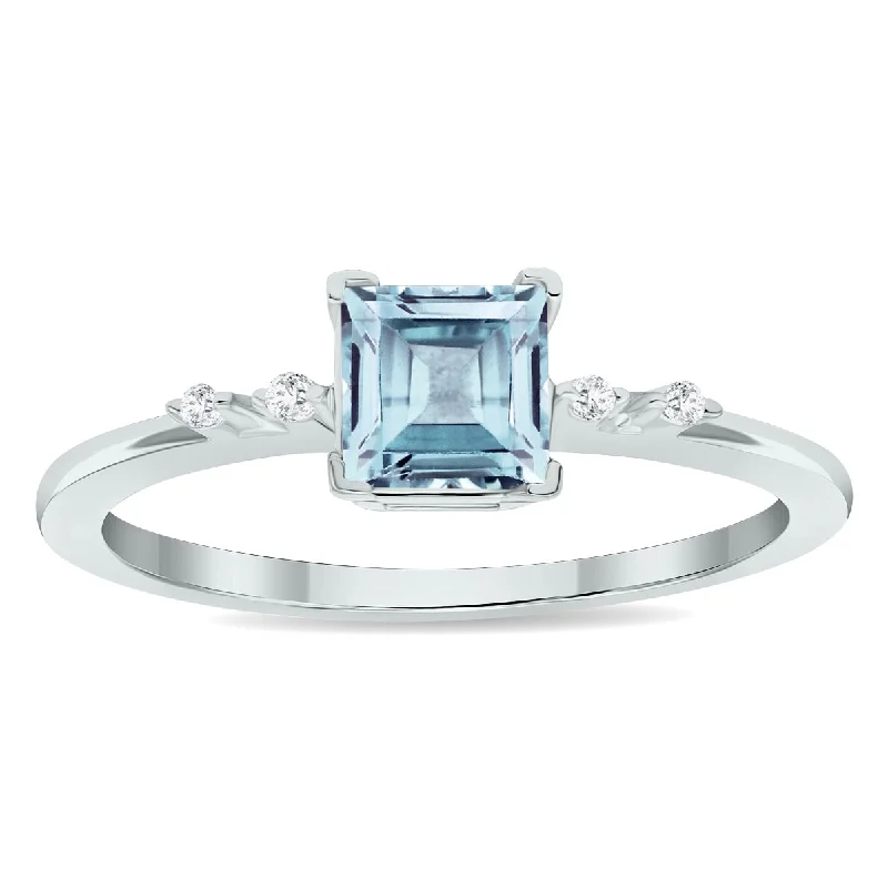 Women’s diamond engagement ring-Women's Aquamarine and Diamond Sparkle Ring in 10K White Gold