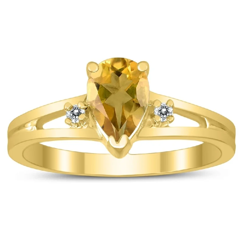 Women’s silver band ring-7X5MM Citrine and Diamond Pear Shaped Open Three Stone Ring in 10K Yellow Gold