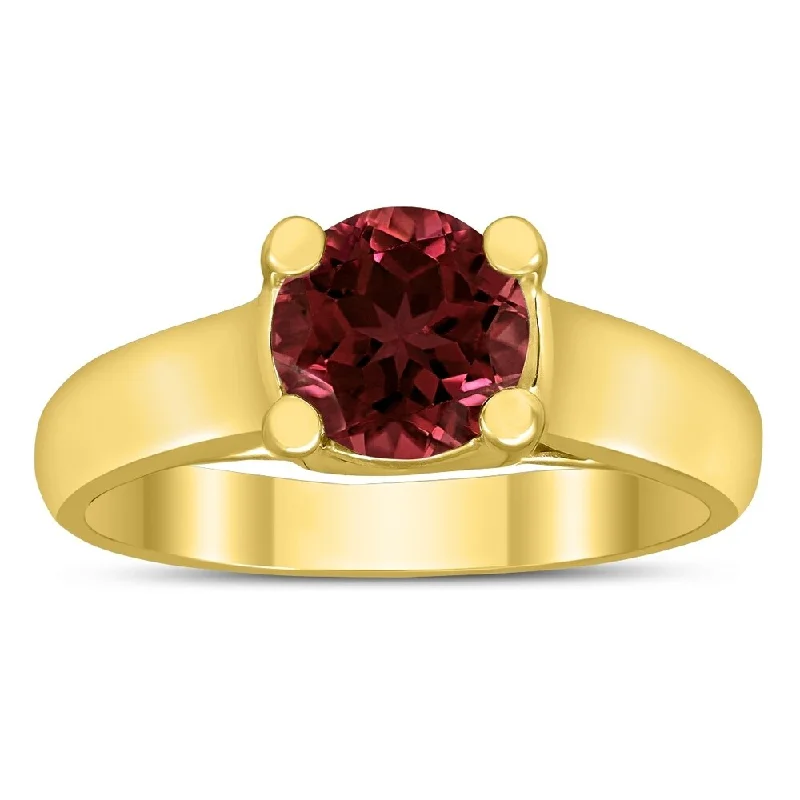 Women’s floral design ring-Round 7MM Garnet Cathedral Solitaire Ring in 10K Yellow Gold