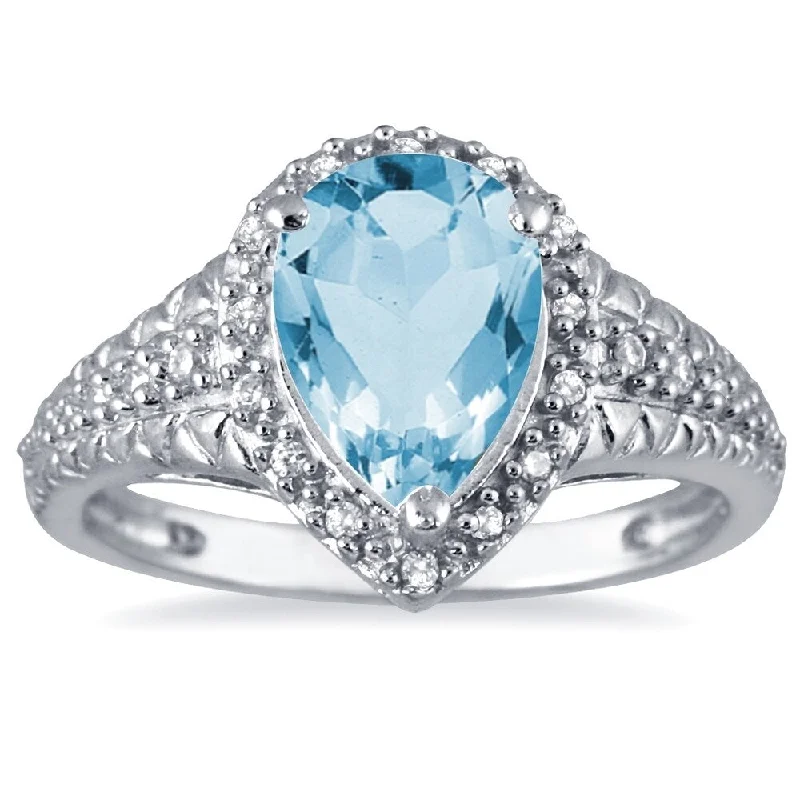 Women’s double band ring-2 Carat Pear Shaped Blue Topaz and Diamond Ring in 10K White Gold