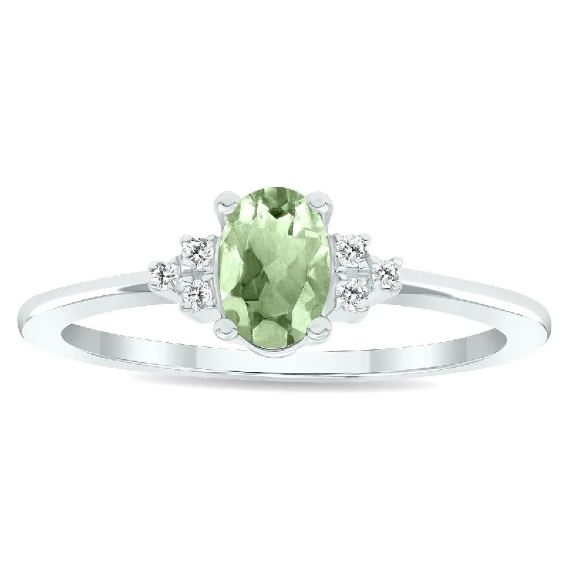 Women’s two-tone ring-Women's Green Amethyst and Diamond Half Moon Ring in 10K White Gold