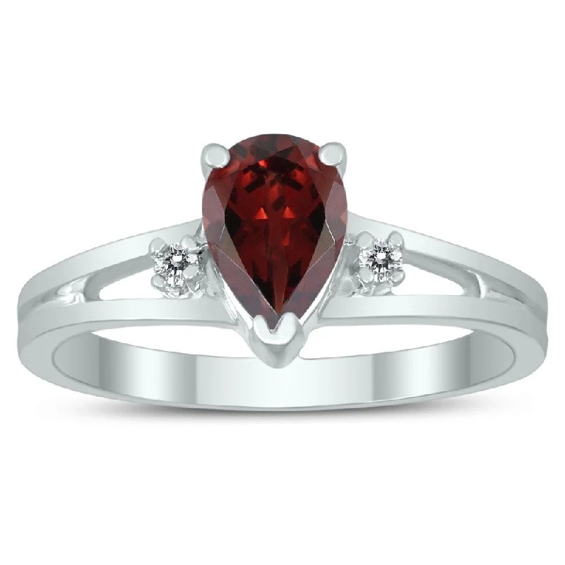 Women’s gold ring-7X5MM Garnet and Diamond Pear Shaped Open Three Stone Ring in 10K White Gold