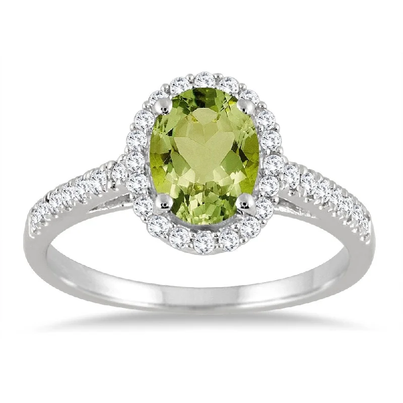 Women’s black diamond ring-Peridot and Diamond Halo Ring in 10K White Gold