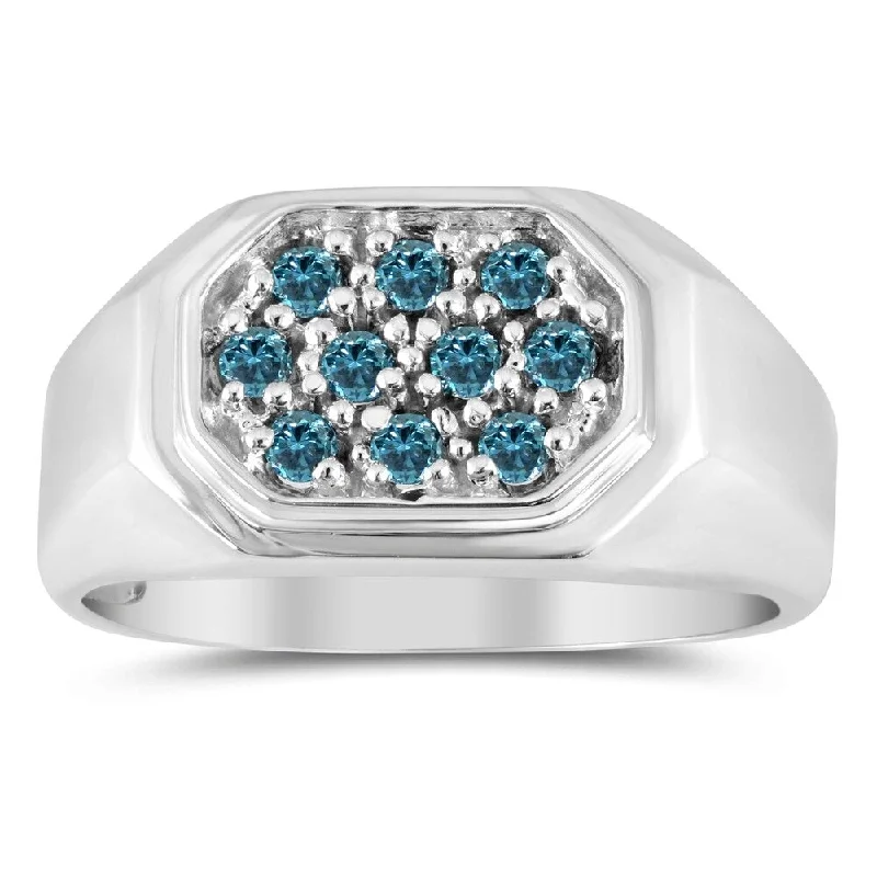 Women’s white gold ring-Blue Diamond Men's Ring in 10k White Gold