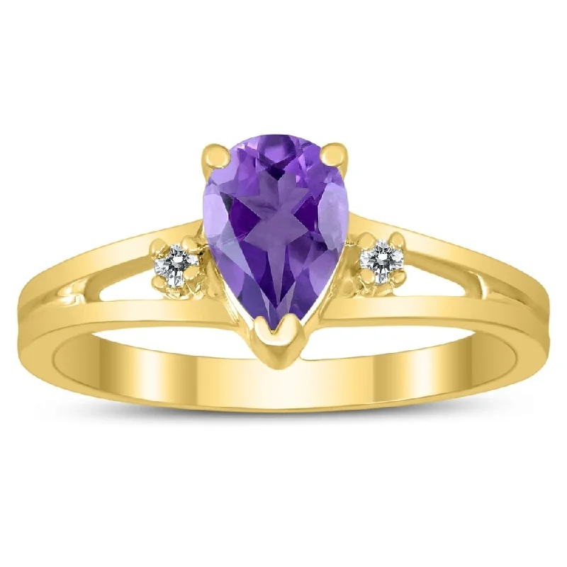 Women’s pearl ring-7X5MM Amethyst and Diamond Pear Shaped Open Three Stone Ring in 10K Yellow Gold