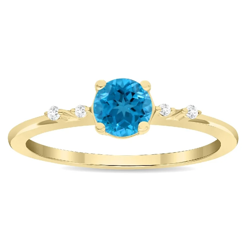 Women’s gemstone wedding ring-Women's Round Shaped Blue Topaz and Diamond Sparkle Ring in 10K Yellow Gold