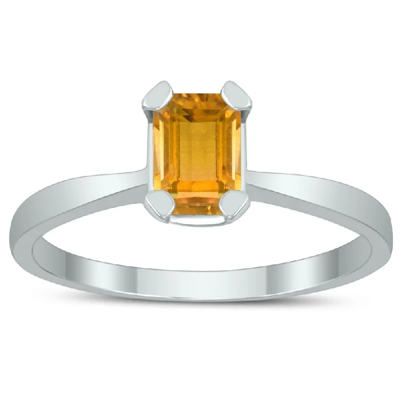 Women’s vintage ring-Emerald Shaped 6X4MM Citrine Solitaire Ring in 10K White Gold