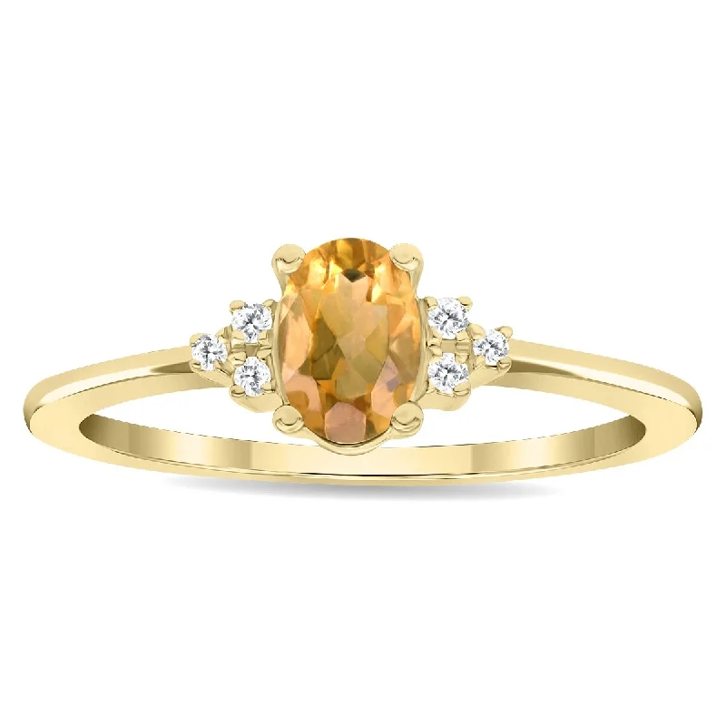 Women’s rose gold ring-Women's Oval Shaped Citrine and Diamond Half Moon Ring in 10K Yellow Gold