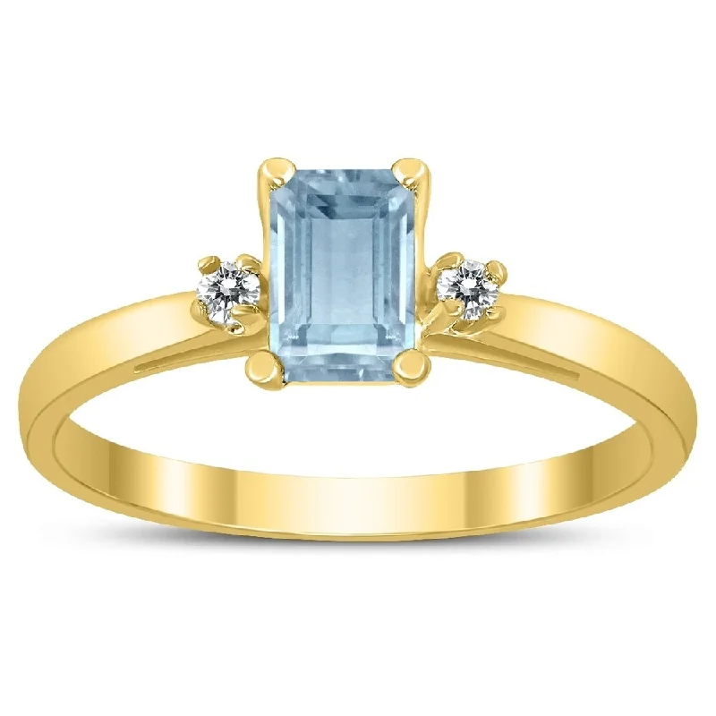 Women’s square ring-Emerald Cut 6X4MM Aquamarine and Diamond Three Stone Ring in 10K Yellow Gold