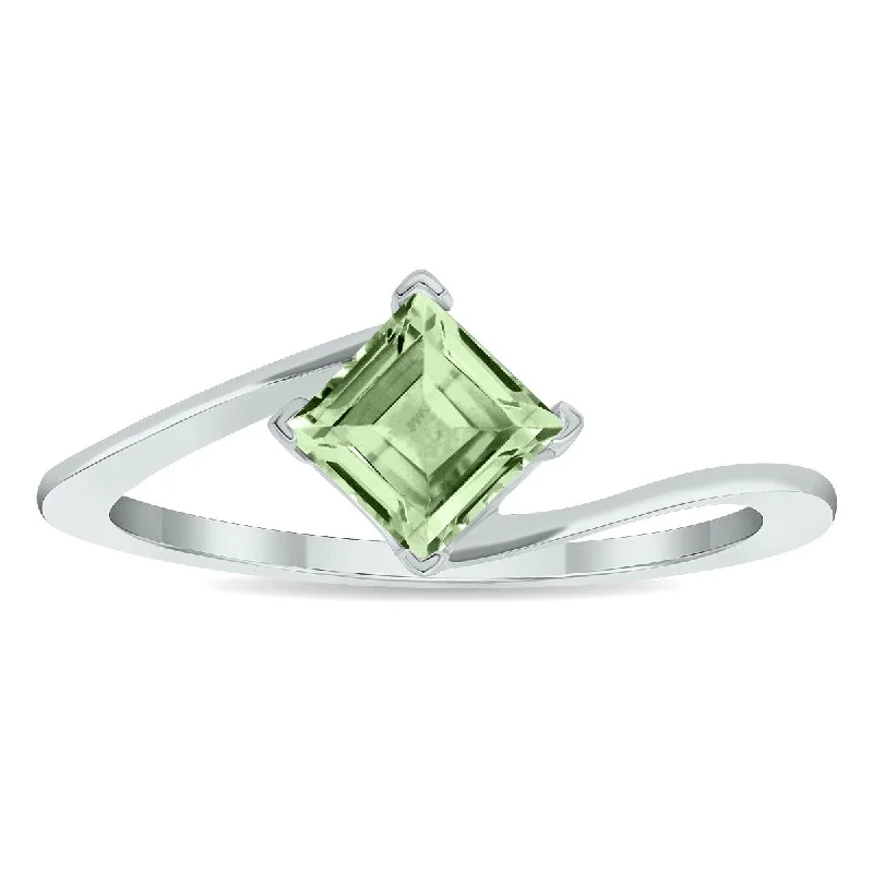 Women’s engraved wedding ring-Women's Solitaire Green Amethyst Wave Ring in 10K White Gold