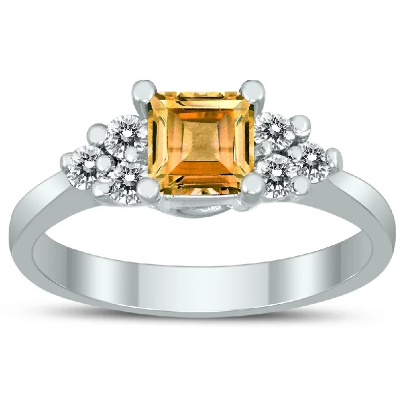 Women’s dainty ring-Princess Cut 5X5MM Citrine and Diamond Duchess Ring in 10K White Gold