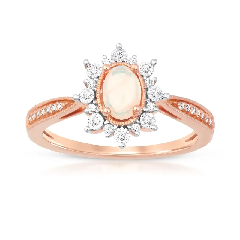 Women’s luxury ring-1/10ct TDW Diamond Ethiopian Opal Gemstone Halo Ring in 10k Rose Gold