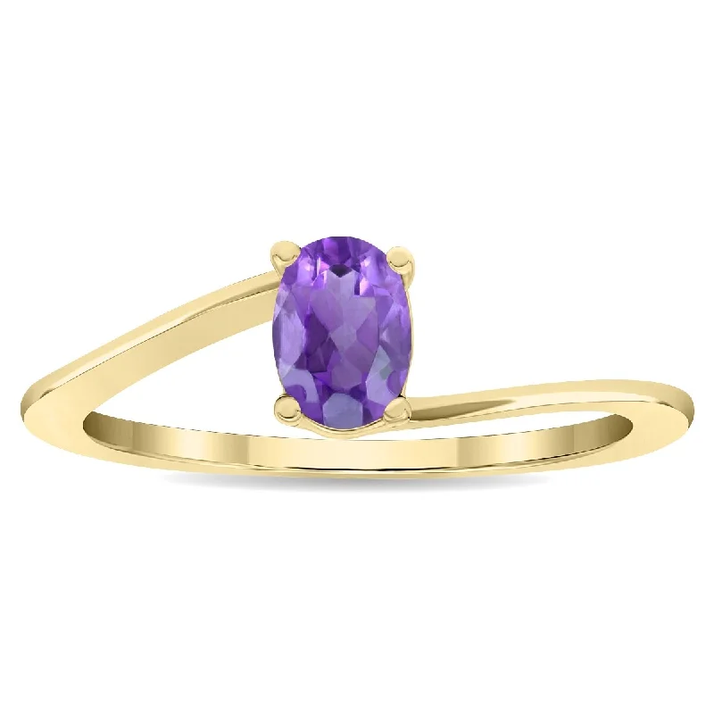 Women’s wedding ring-Women's Solitaire Oval Shaped Amethyst Wave Ring in 10K Yellow Gold