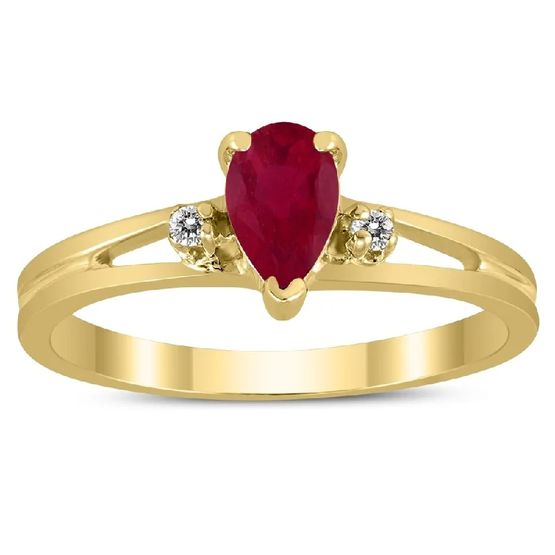 Women’s adjustable ring-6X4MM Ruby and Diamond Pear Shaped Open Three Stone Ring in 10K Yellow Gold