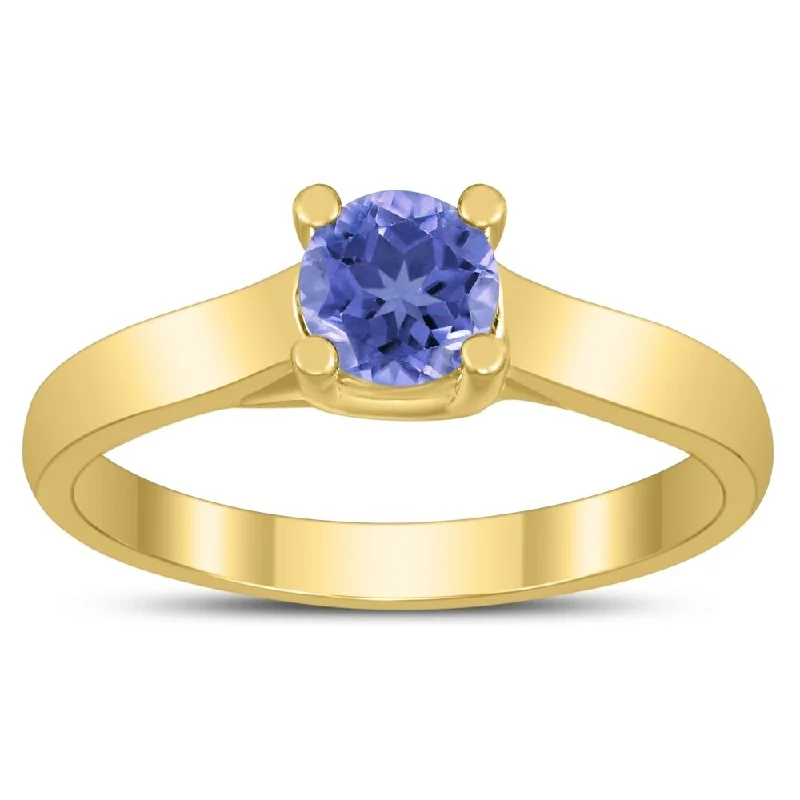 Women’s personalized ring-Round 5MM Tanzanite Cathedral Solitaire Ring in 10K Yellow Gold