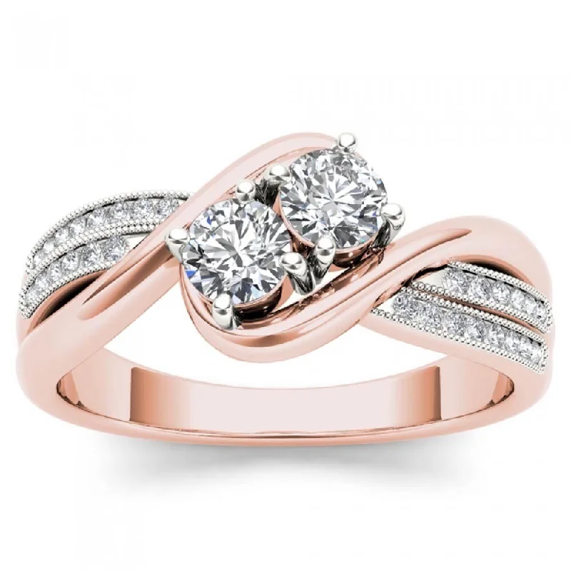 Women’s luxurious gold ring-De Couer IGI Certified 14k Rose Gold 1/2ct TDW Diamond Halo Two-Stone Ring - Pink