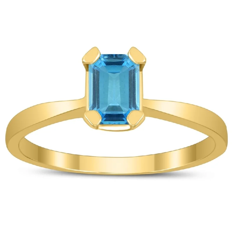 Women’s anniversary ring-Emerald Shaped 6X4MM Blue Topaz Solitaire Ring in 10K Yellow Gold