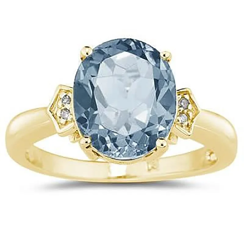 Women’s modern diamond ring-Aquamarine and Diamond Ring in 10K Yellow Gold