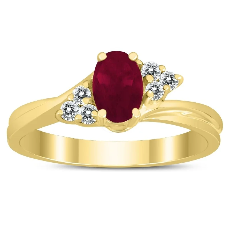 Women’s silver band ring-6X4MM Ruby and Diamond Twist Ring in 10K Yellow Gold