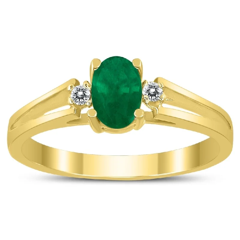 Women’s diamond engagement ring-6X4MM Emerald and Diamond Open Three Stone Ring in 10K Yellow Gold