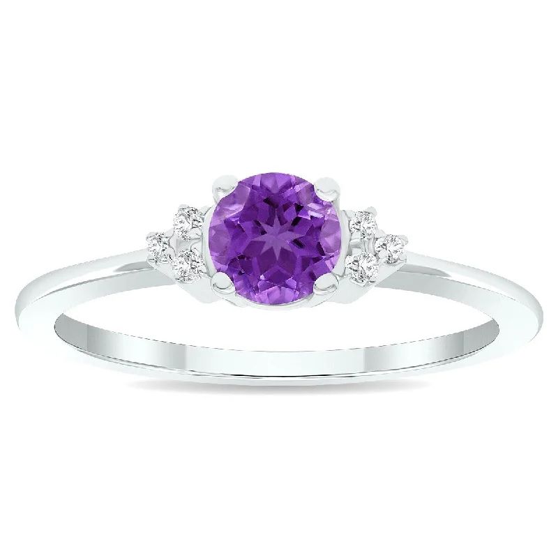 Women’s gemstone stacking ring-Women's Amethyst and Diamond Half Moon Ring in 10K White Gold