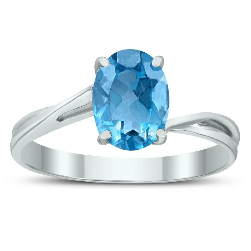 Women’s designer ring-Solitaire Oval 8X6MM Blue Topaz Gemstone Twist Ring in 10K White Gold