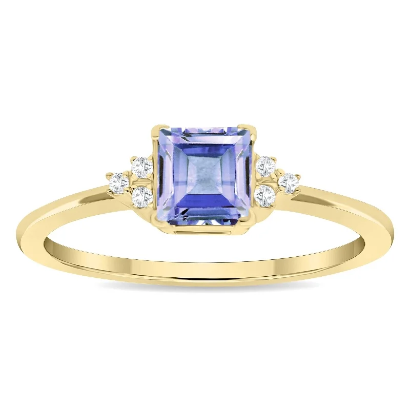 Women’s emerald-cut ring-Women's Square Shaped Tanzanite and Diamond Half Moon Ring in 10K Yellow Gold