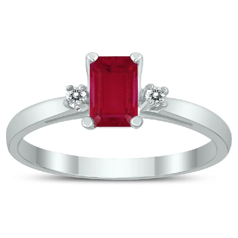 Women’s gemstone engagement ring-Emerald Cut 6X4MM Ruby and Diamond Three Stone Ring in 10K White Gold