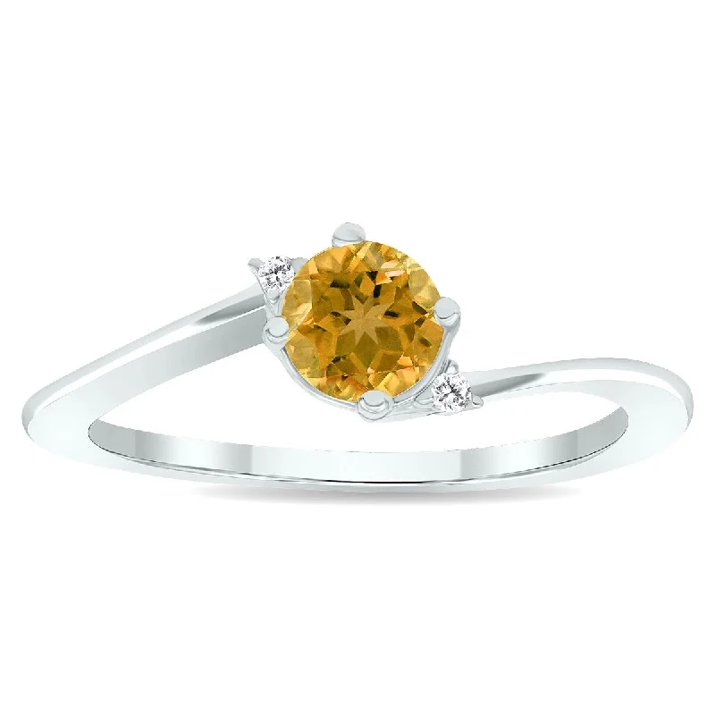 Women’s trendy ring-Women's Citrine and Diamond Wave Ring in 10K White Gold