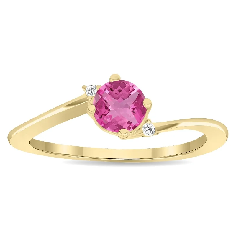 Women’s personalized ring-Women's Round Shaped Pink Topaz and Diamond Wave Ring in 10K Yellow Gold