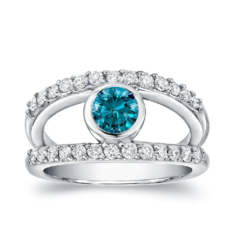 Women’s art deco ring-Auriya Modern Wide Split Shank Bezel Set Blue Diamond Ring 1ct TDW 14k White Gold