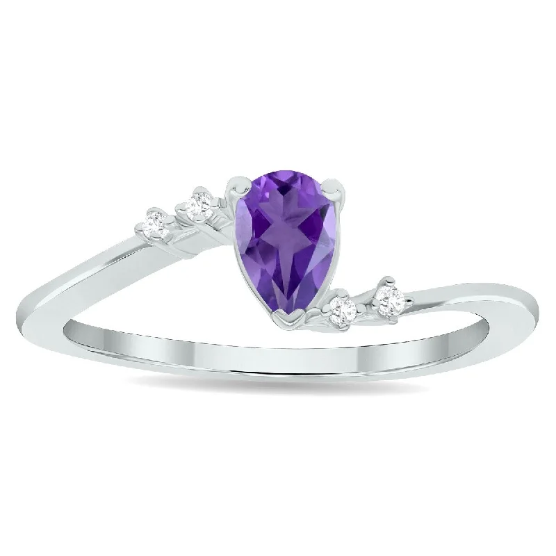 Women’s chunky ring-Women's Amethyst and Diamond Wave Ring in 10K White Gold