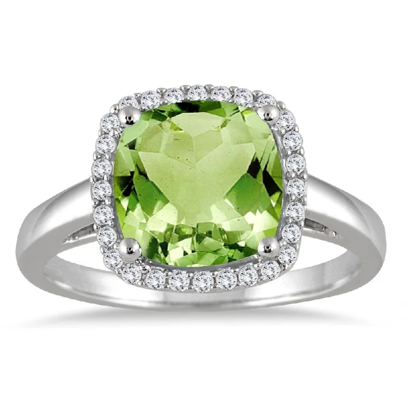 Women’s double band ring-Peridot and Diamond Halo Ring in 10K White Gold